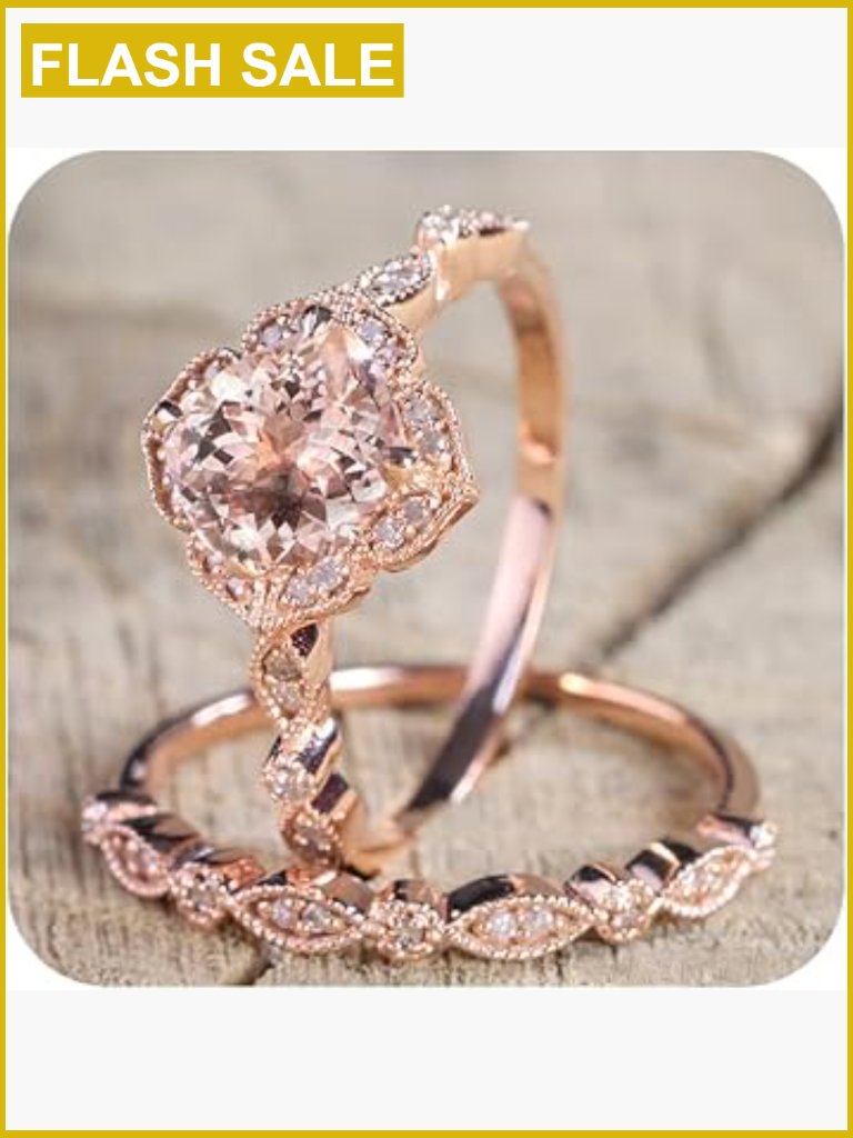 14k Rose Gold Plated Morganite Bridal Ring Set Cushion Cut Vintage Floral
